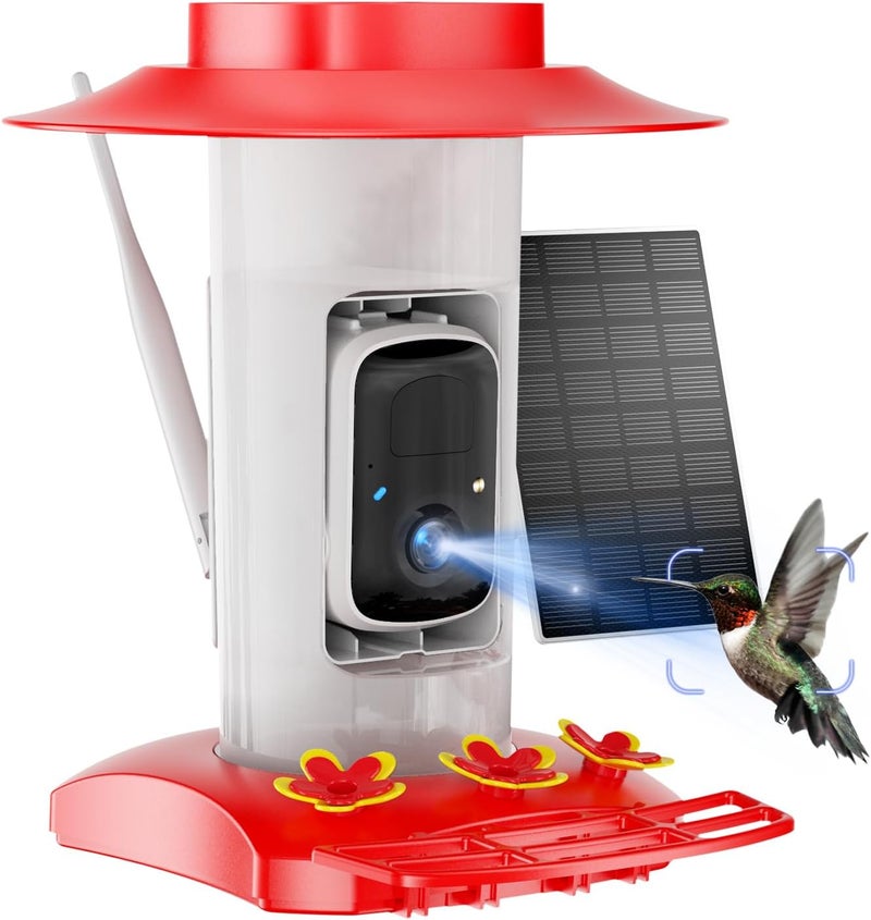 SV3C Hummingbird Feeder with Camera Outdoor, Hanging Bird Feeder with Ant Moat & Bee-Proof, HD 2K Solar Powered, AI Bird Identify, Instant App Alerts, Auto Capture, Hummingbird Lover Gifts, 21oz, Red - Image 1